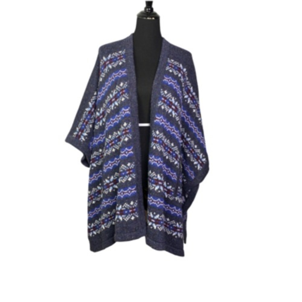Lands End Womens Jacquard Cape Sweater Blue Fair Isle Open Front One Size New